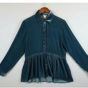 - SUNDANCE Velvet Teal Turquoise 100% Silk Hidden Button Down Ruffle Shirt…